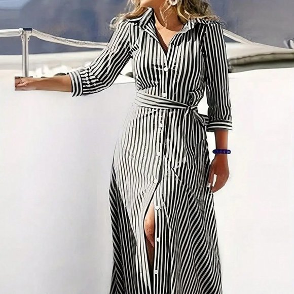 Black Boho Womens Striped Belted Shirt Dress - Picture 1 of 5